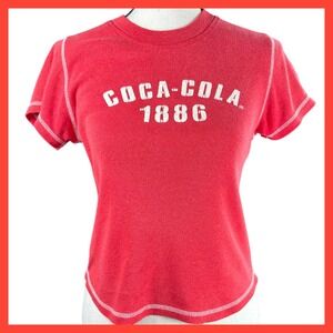 Vintage Coca‎ Cola 1886 T-Shirt Coral Red Embroidered Patch Logo Graphic Tee Med